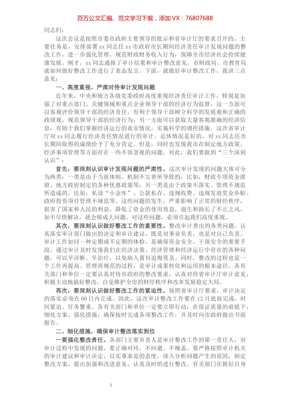 市长在全市经济责任审计整改工作会议上的讲话​​​​​​​​​​​​​​​​​.docx_第1页
