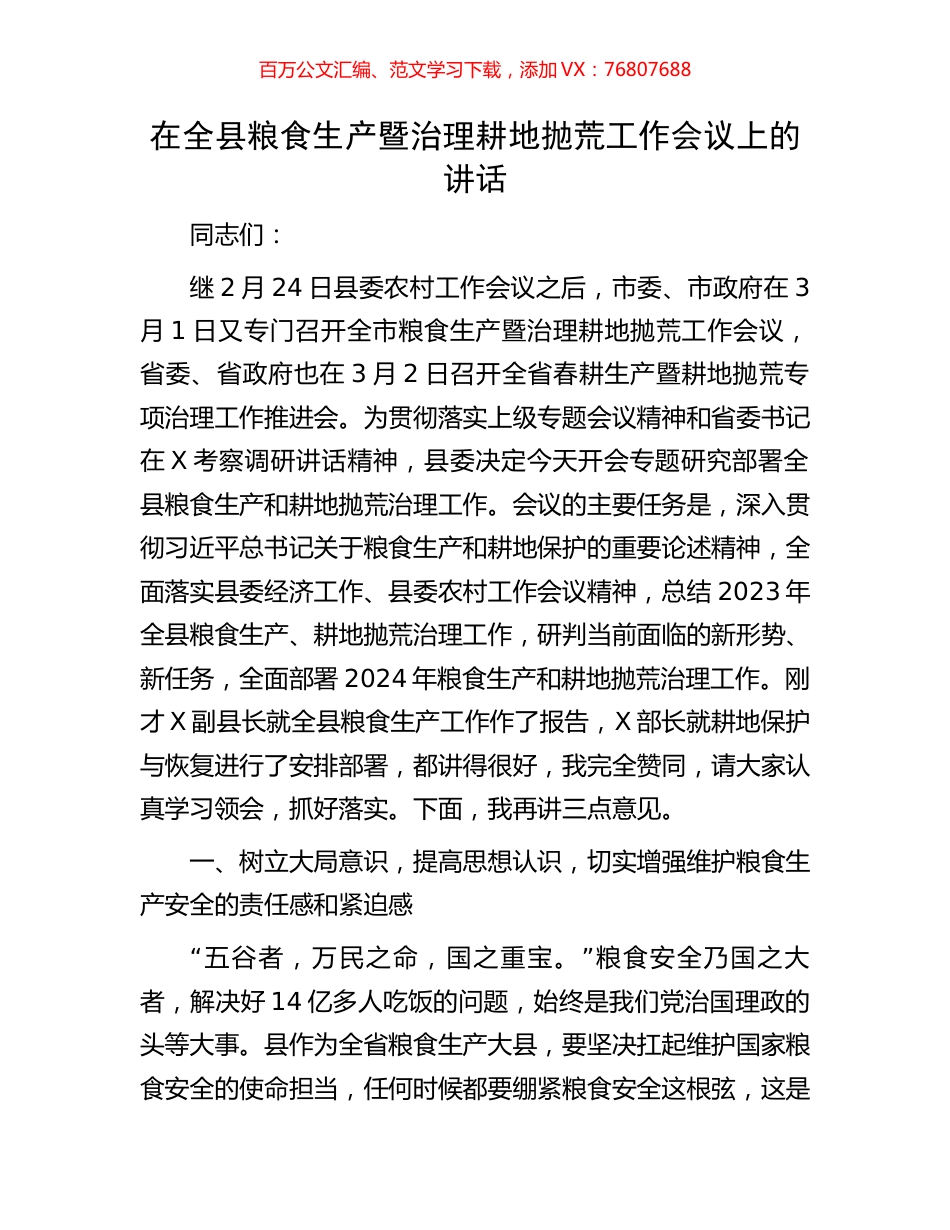 在全县粮食生产暨治理耕地抛荒工作会议上的讲话.docx_第1页