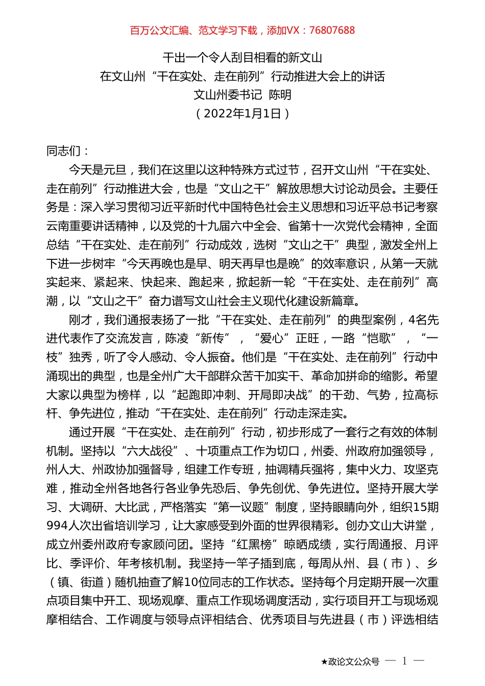 文山州委书记陈明：在文山州“干在实处、走在前列”行动推进大会上的讲话.doc_第1页