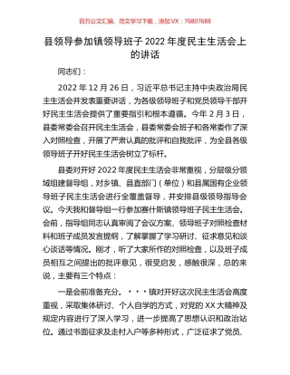 县领导参加镇领导班子2022年度民主生活会上的讲话.docx