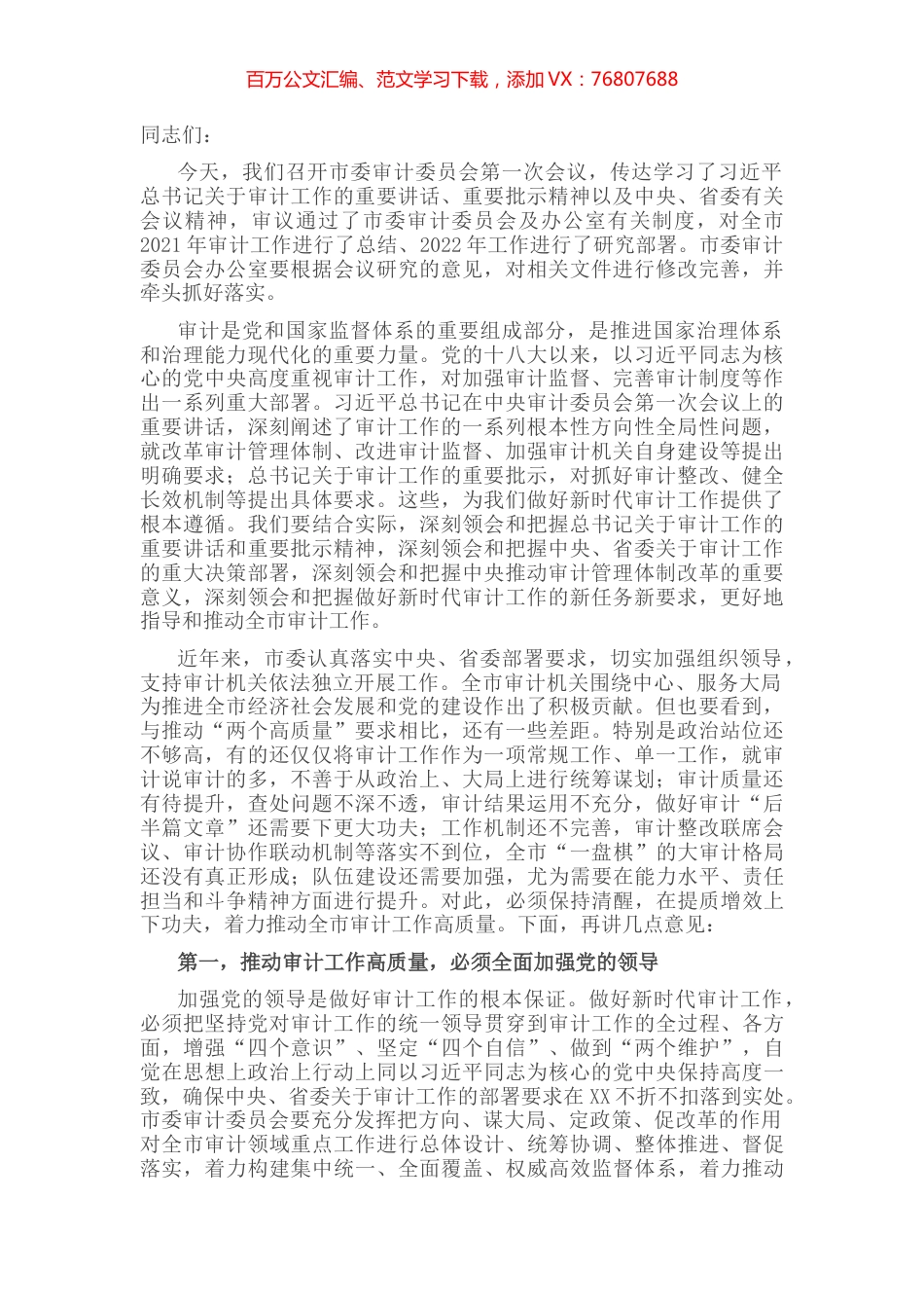 市委书记在市委审计委员会第一次会议上的讲话.docx_第1页