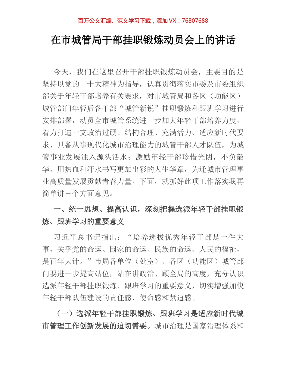 在市城管局干部挂职锻炼动员会上的讲话.docx_第1页