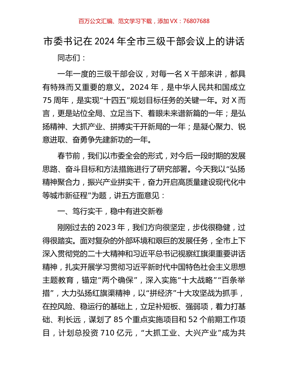 市委书记在2024年全市三级干部会议上的讲话.docx_第1页