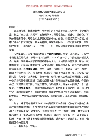 郴州市市长阚保勇：在市政府六届三次全会上的讲话.doc