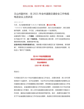 文山州副州长：在2021年全州道路交通安全工作电视电话会议上的讲话.docx