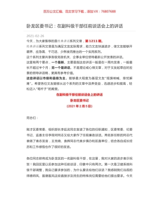 卧龙区委书记：在副科级干部任前谈话会上的讲话.docx