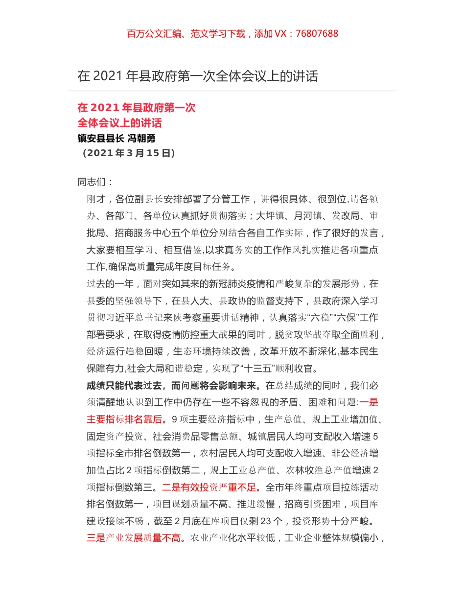 在2021年县政府第一次全体会议上的讲话.docx_第1页