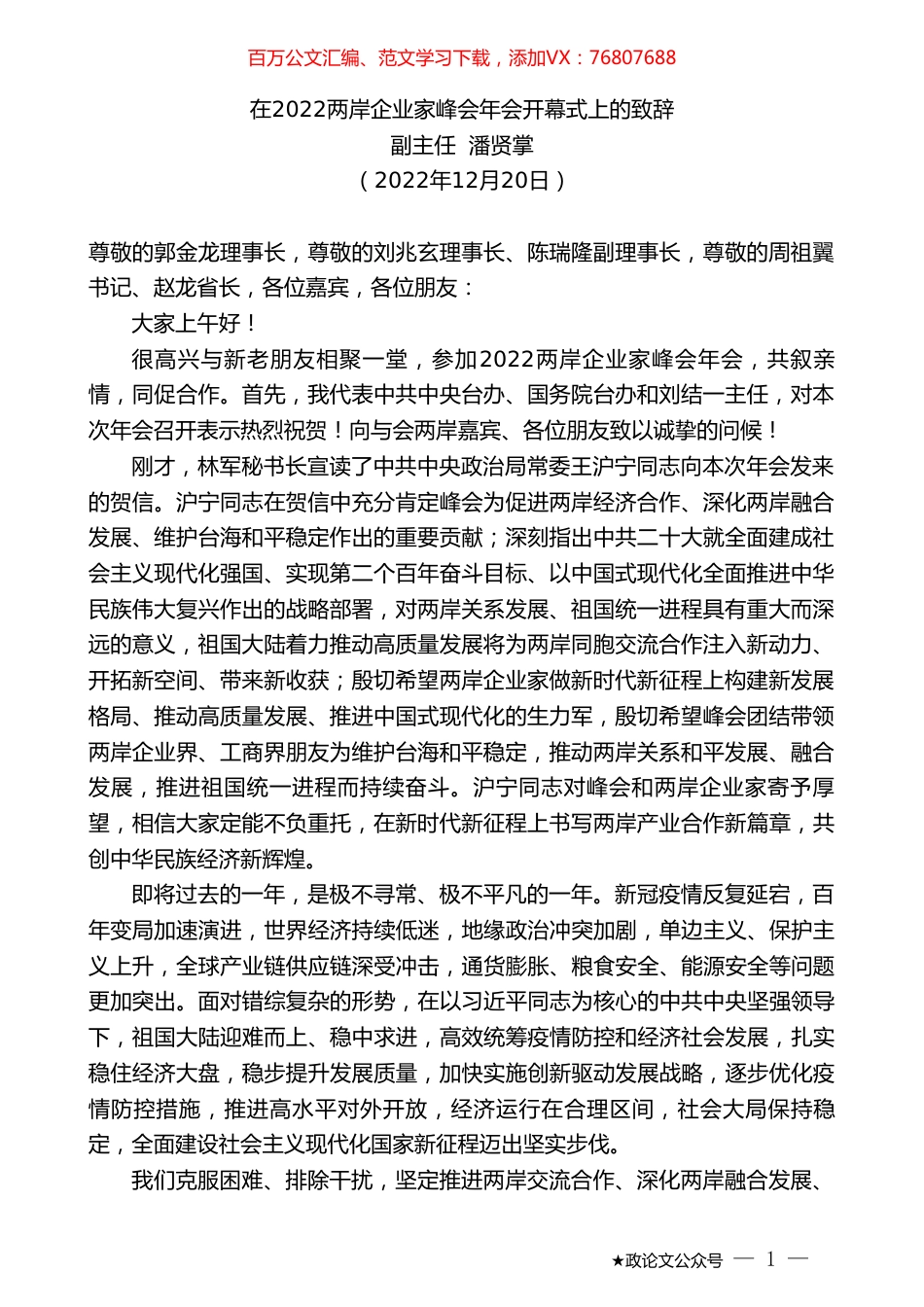 副主任潘贤掌：在2022两岸企业家峰会年会开幕式上的致辞.doc_第1页