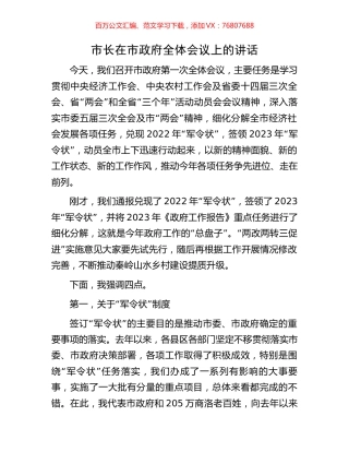 市长在市政府全体会议上的讲话.docx