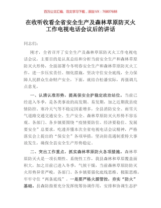 在收听收看全省安全生产及森林草原防灭火工作电视电话会议后的讲话.docx
