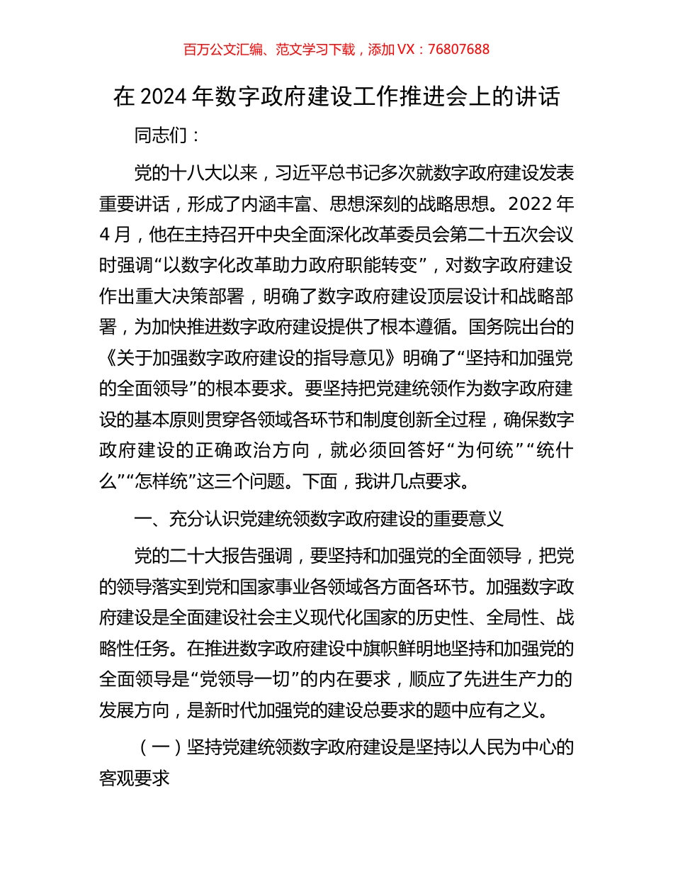 在2024年数字政府建设工作推进会上的讲话.docx_第1页