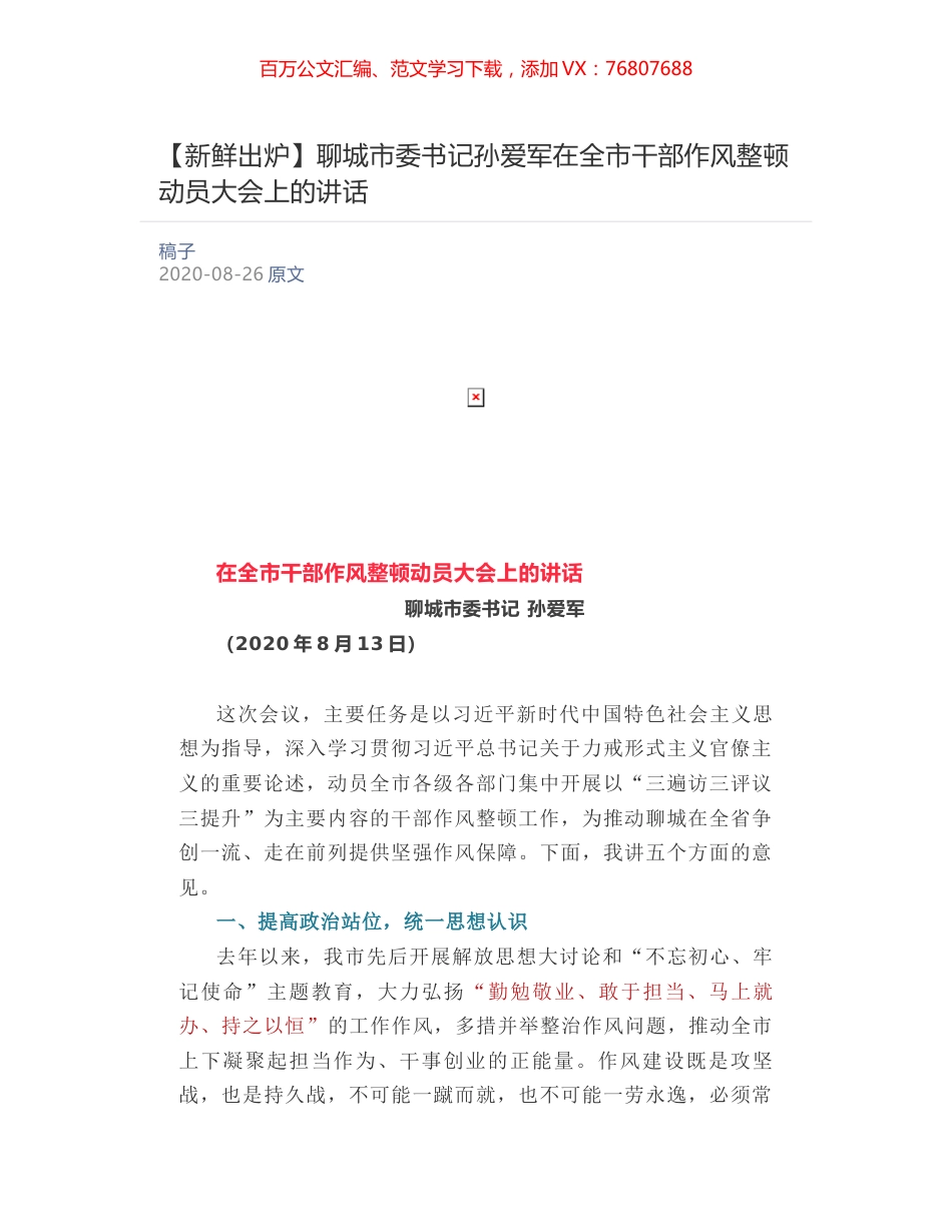 聊城市委书记孙爱军在全市干部作风整顿动员大会上的讲话.docx_第1页