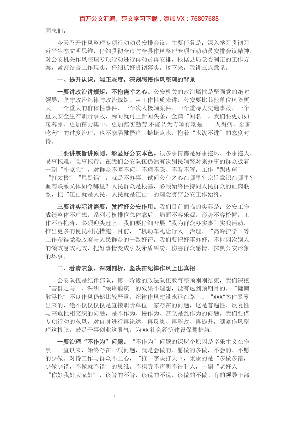 在公安机关作风整理专项行动动员安排会上的讲话​​​​​​​​​​​​​​​​.docx_第1页