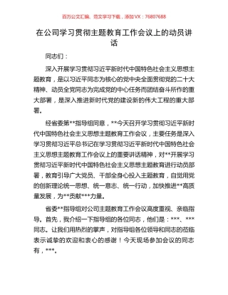 在公司学习贯彻主题教育工作会议上的动员讲话.docx