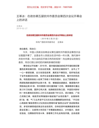 王革冰：在政协第五届钦州市委员会第四次会议开幕会上的讲话.docx