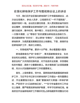 在强化耕地保护工作专题视频会议上的讲话.docx
