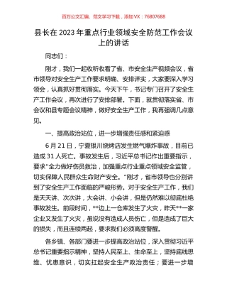 县长在2023年重点行业领域安全防范工作会议上的讲话.docx