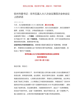 钦州市委书记：在市五届人大八次会议第四次全体会议上的讲话.docx