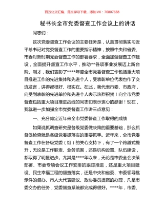 秘书长全市党委督查工作会议上的讲话.docx