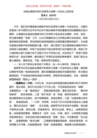 董事长胡仲明：在碳达峰碳中和行动领导小组第一次会议上的讲话.doc