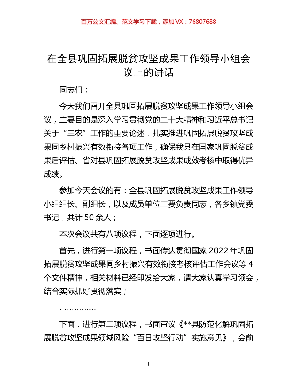 -在全县巩固拓展脱贫攻坚成果工作领导小组会议上的讲话.docx_第1页