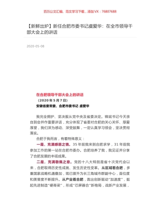 新任合肥市委书记虞爱华：在全市领导干部大会上的讲话.docx