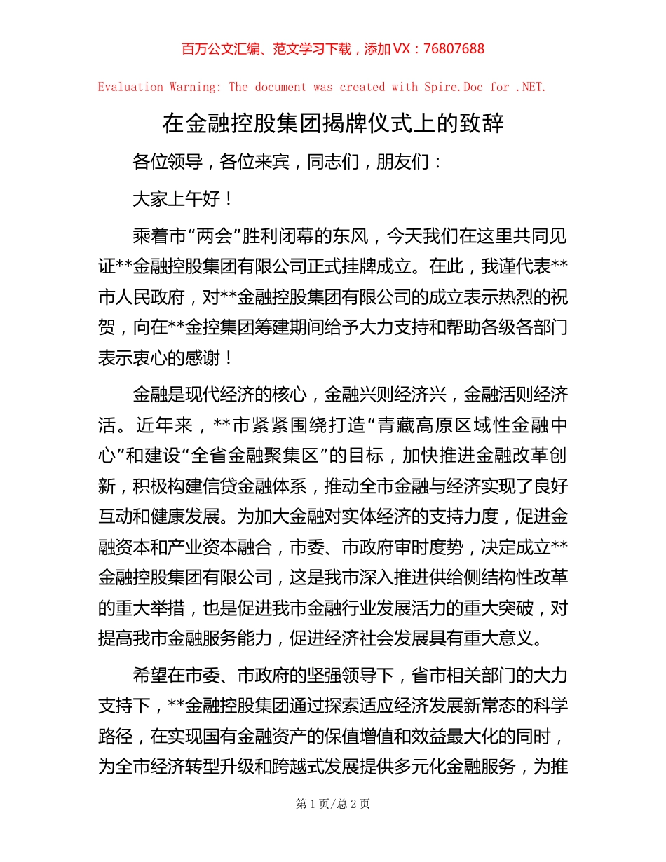 在金融控股集团揭牌仪式上的致辞.docx_第1页