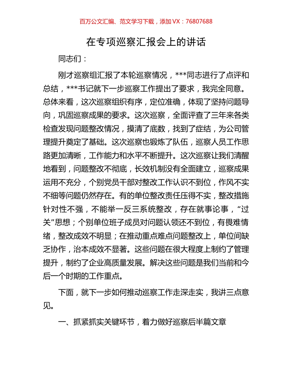 在专项巡察汇报会上的讲话.docx_第1页