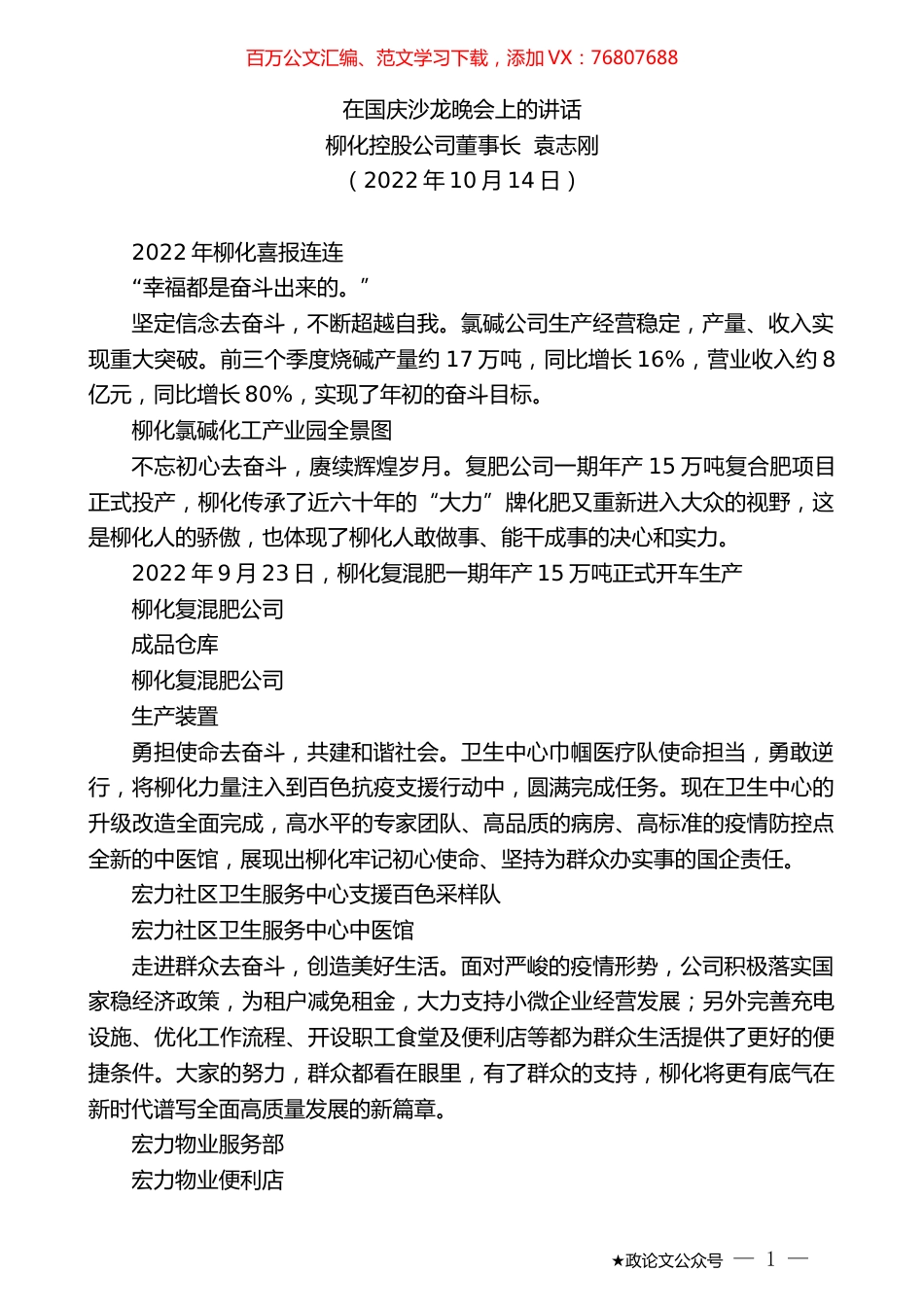柳化控股公司董事长袁志刚：在国庆沙龙晚会上的讲话.docx_第1页