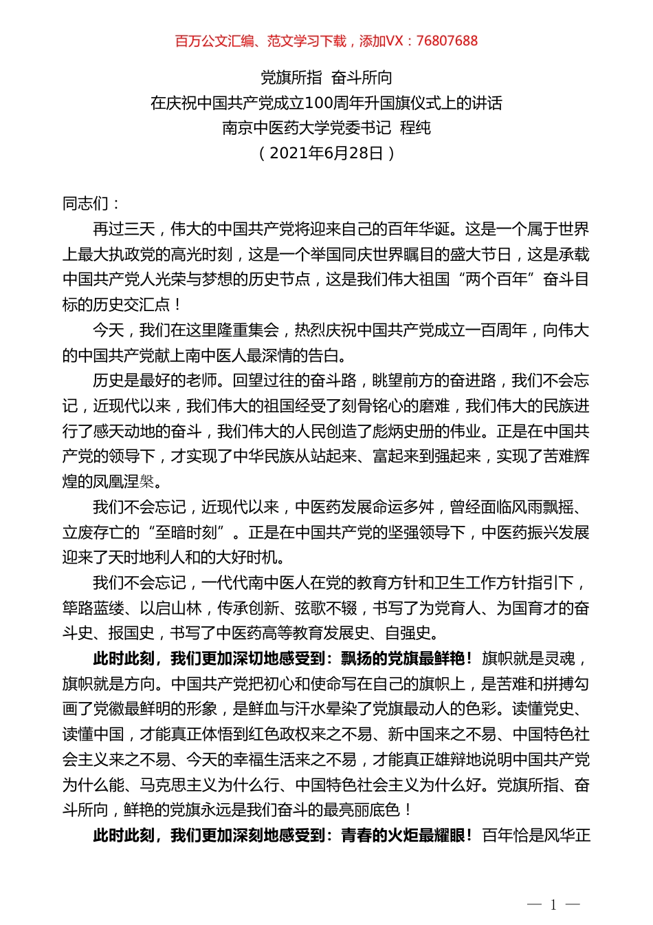 南京中医药大学党委书记程纯：在庆祝中国共产党成立100周年升国旗仪式上的讲话.doc_第1页