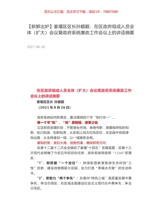 姜堰区区长孙靓靓：在区政府组成人员全体（扩大）会议暨政府系统廉政工作会议上的讲话摘要.docx