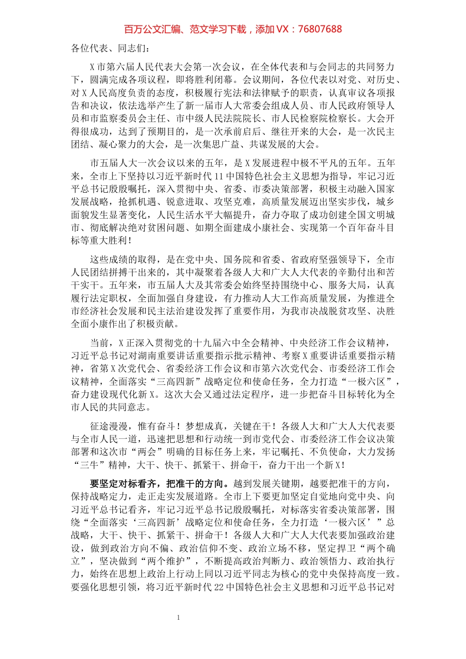 奋力干出一个新X ——在X市六届人大一次会议闭幕会上的讲话.docx_第1页