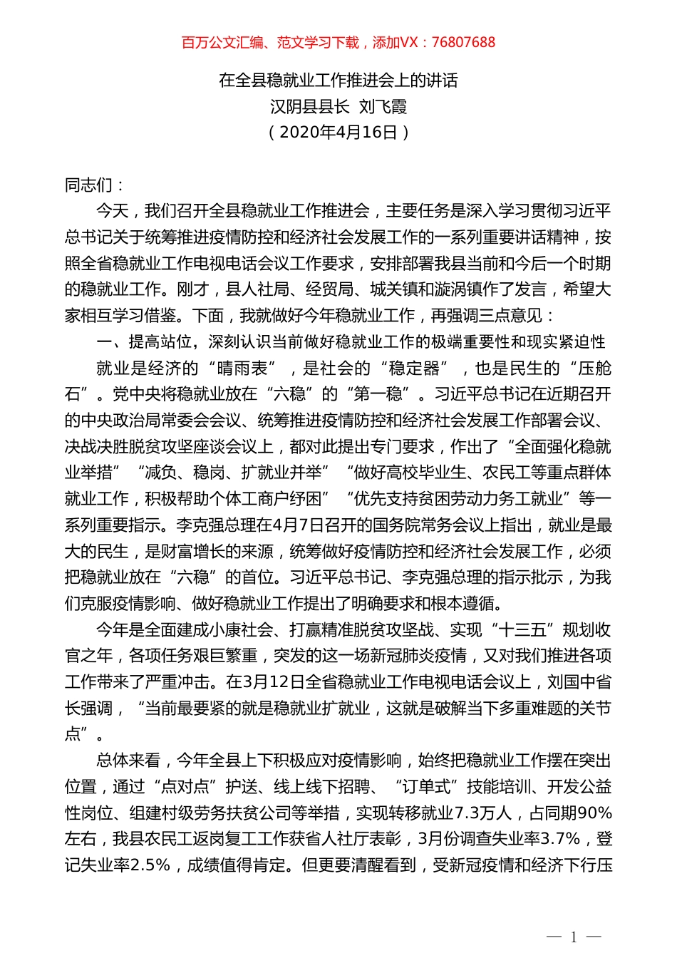 汉阴县县长刘飞霞在全县稳就业工作推进会上的讲话.doc_第1页