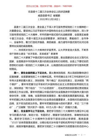威县县委书记崔耀鹏：在县委十二届三次全体会议上的讲话摘要.doc