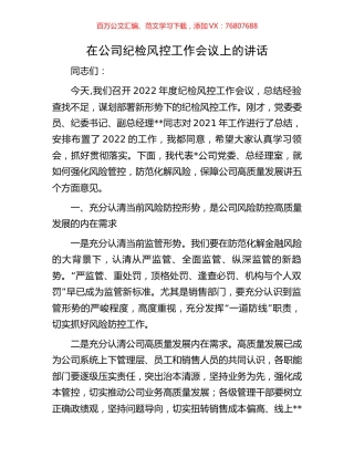 在公司纪检风控工作会议上的讲话.docx