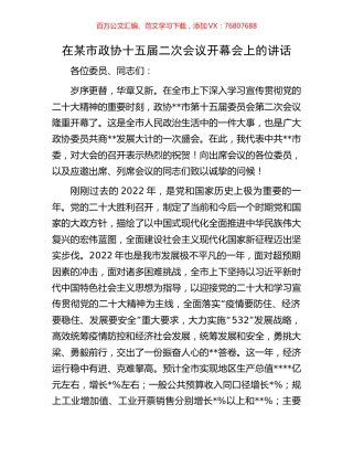 在某市政协十五届二次会议开幕会上的讲话.docx
