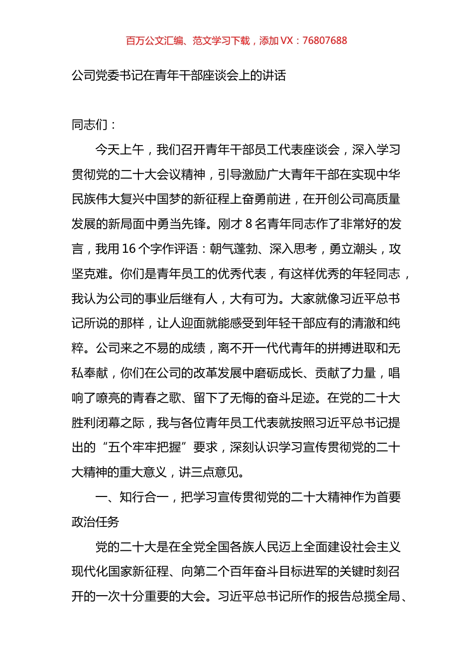 公司党委书记在青年干部座谈会上的讲话.docx_第1页