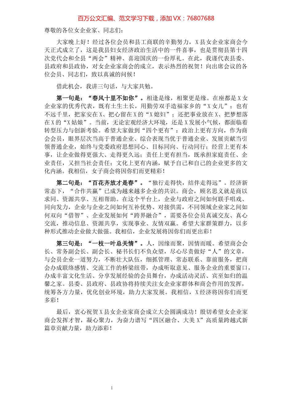 在女企业家商会成立仪式上的致辞.docx_第1页