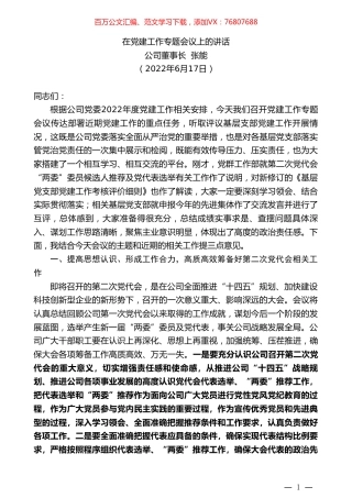 公司董事长张能：在党建工作专题会议上的讲话.doc