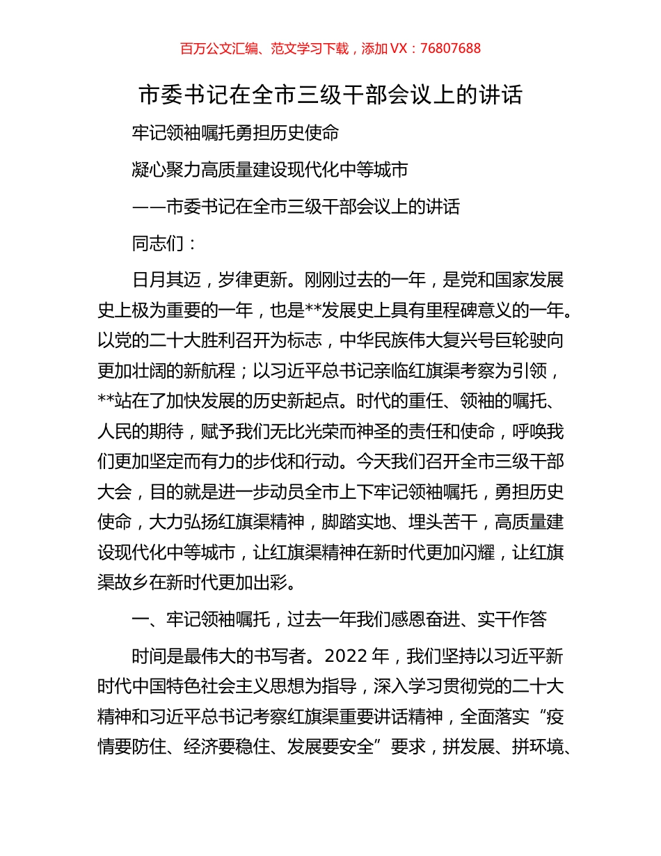市委书记在全市三级干部会议上的讲话.docx_第1页