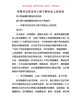 市委书记在全市三级干部会议上的讲话.docx