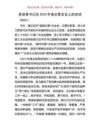 某县委书记在2024年县纪委全会上的讲话.docx
