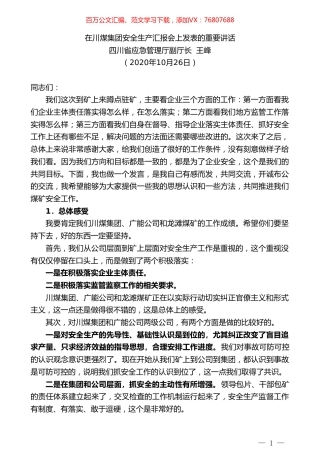 四川省应急管理厅副厅长王峰：在川煤集团安全生产汇报会上发表的重要讲话.doc