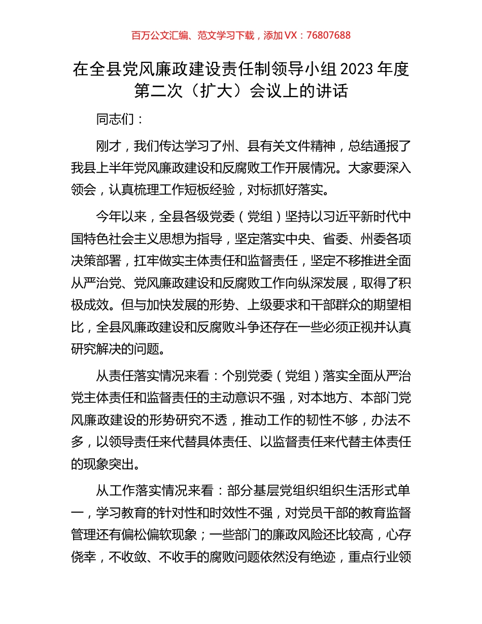 在全县党风廉政建设责任制领导小组2023年度第二次（扩大）会议上的讲话.docx_第1页