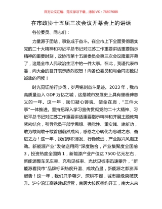 在市政协十五届三次会议开幕会上的讲话.docx
