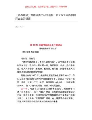 湖南省委书记许达哲：在2021年春节团拜会上的讲话.docx