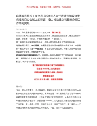 麻栗坡县县长：在全县2020年人大代表建议和政协委员提案交办会议上的讲话：奋力推动建议和提案办理工作落到实处.docx
