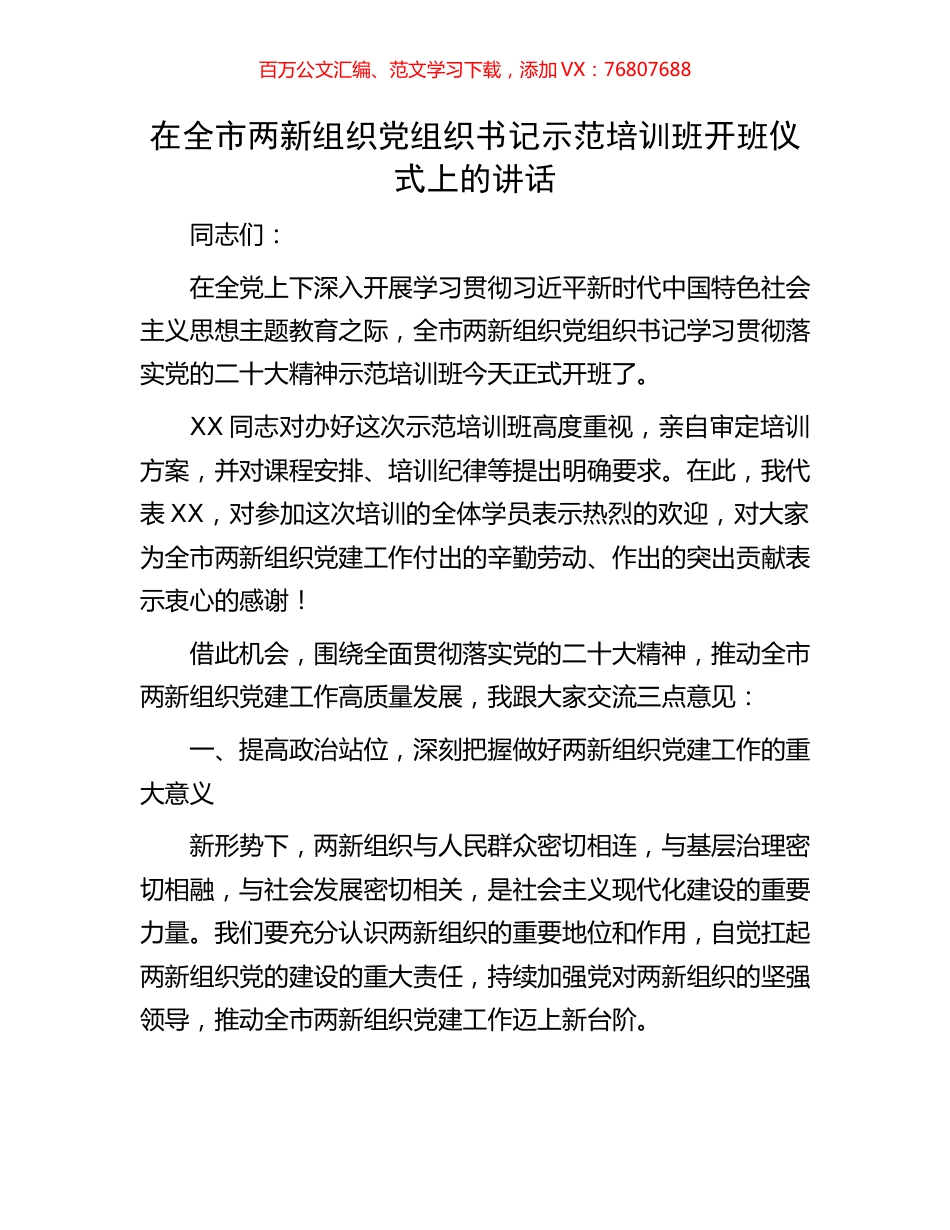 在全市两新组织党组织书记示范培训班开班仪式上的讲话.docx_第1页