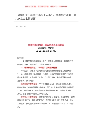 彬州市市长王宏志：在中共彬州市委一届九次全会上的讲话.docx