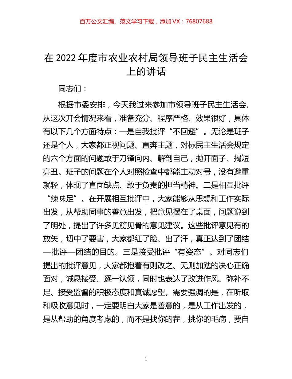 -在2022年度市农业农村局领导班子民主生活会上的讲话.docx_第1页